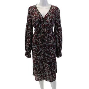 Nicholas Womens Long Sleeve V Neck Silk Floral Midi Dress Black Red Pink Small